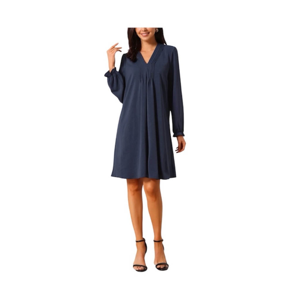 Seta T Casual Knee Length Dress Long Sleeve V Neck Pleated Flowy Dark Blue XL